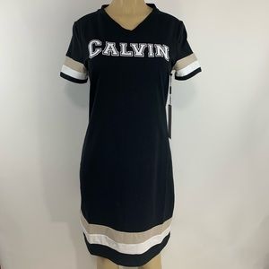 Calvin Klein Black Dress Tan White Stripes Size S